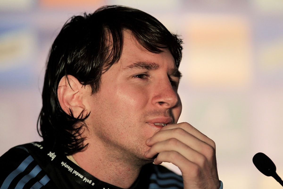 PRETORIA, SOUTH AFRICA - JUNE 13:  Lionel Messi of Argentina's national football team speaks to the media during a press conference on June 13, 2010 in Pretoria, South Africa.  (Photo by Chris McGrath/Getty Images)