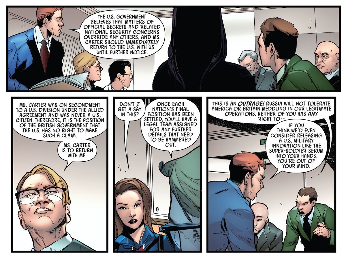 “Don’t I get a say in this?” asks Captain Peggy Carter, as U.S., Russian, and U.K. diplomats argue whether she should return from her frozen state to the U.S., U.K., or Russia in Captain Carter #1 (2022). 