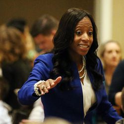 Rep. Mia Love, R-Utah, greets supporters during an election night party in South Jordan on Tuesday, Nov. 8, 2016.