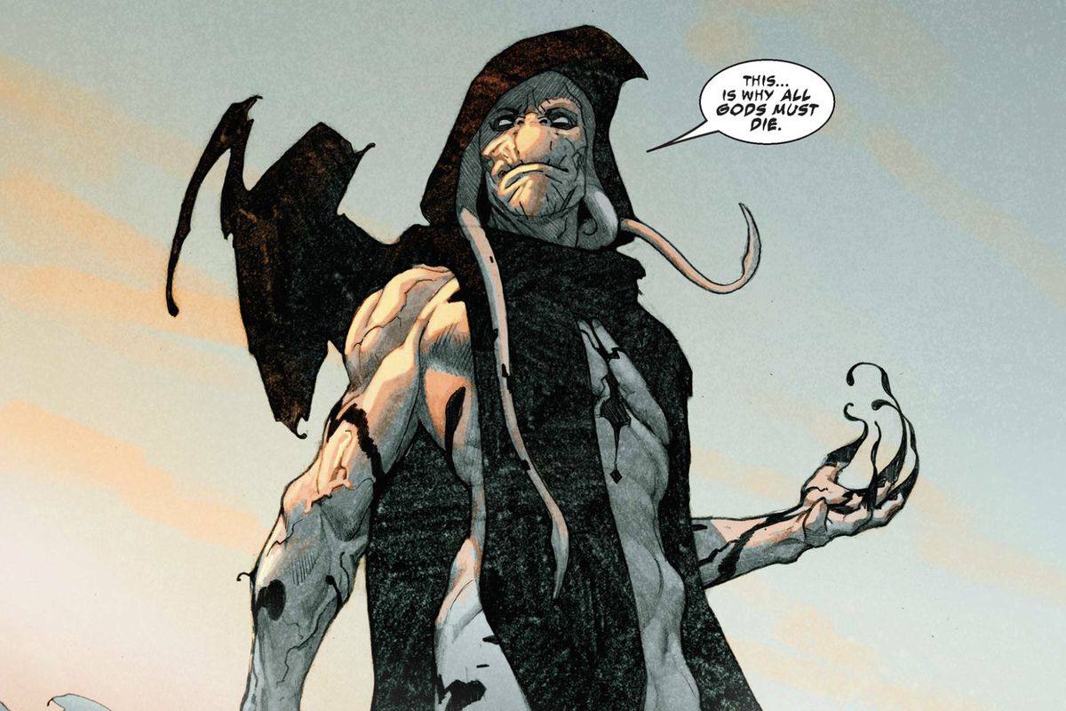 “This... is why all gods must die,” intones Gorr the God Butcher, a sallow-skinned alien with tentacles coming from his head and an dark, amorphous cloak in King Thor #1 (2019).