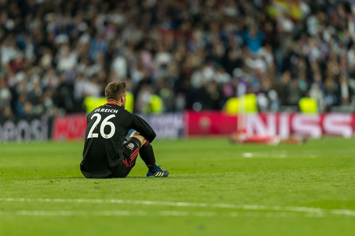 MADRID, SPAIN - MAY 01: goal keeper Sven Ulreich of Bayern Muenchen disappointed after the UEFA Champions League Semi Final Second Leg match between Real Madrid and Bayern Muenchen at the Bernabeu on May 1, 2018 in Madrid, Spain.