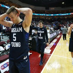 Brigham Young Cougars guard Kyle Collinsworth (5) leaves the court after the WCC tournament in Las Vegas Monday, March 7, 2016. BYU lost 88-84.