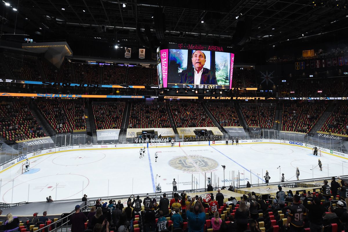 NHL Commissioner Gary Bettman is shown on a video honoring Patrick Marleau #12 of the San Jose Sharks during a break in the first period of a game against the Vegas Golden Knights, Marleau’s 1,768th NHL game, at T-Mobile Arena on April 19, 2021 in Las Vegas, Nevada.