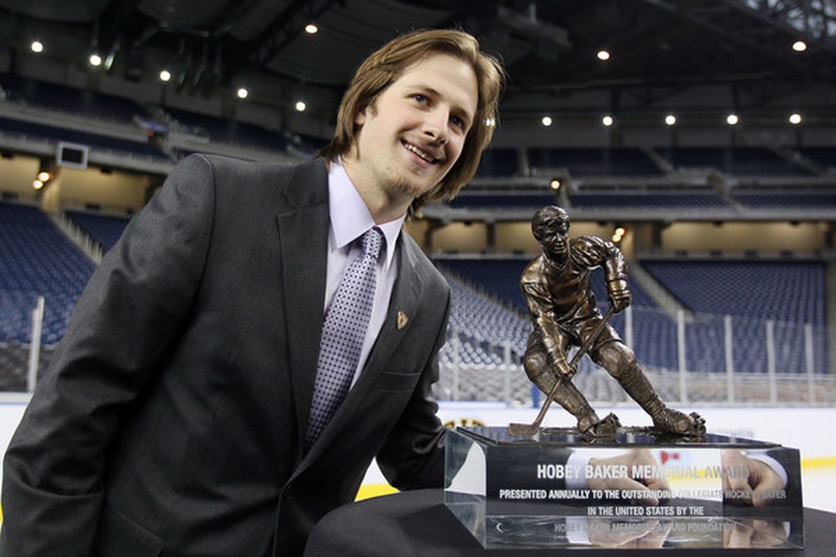 DETROIT - APRIL 09:  Blake Geoffrion of Wisconsin poses with the Hobey Baker Award after it was annouced after he won on April 9, 2010 during the Hobey Baker Award Ceremony at Ford Field in Detroit, Michigan.  (Photo by Elsa/Getty Images)