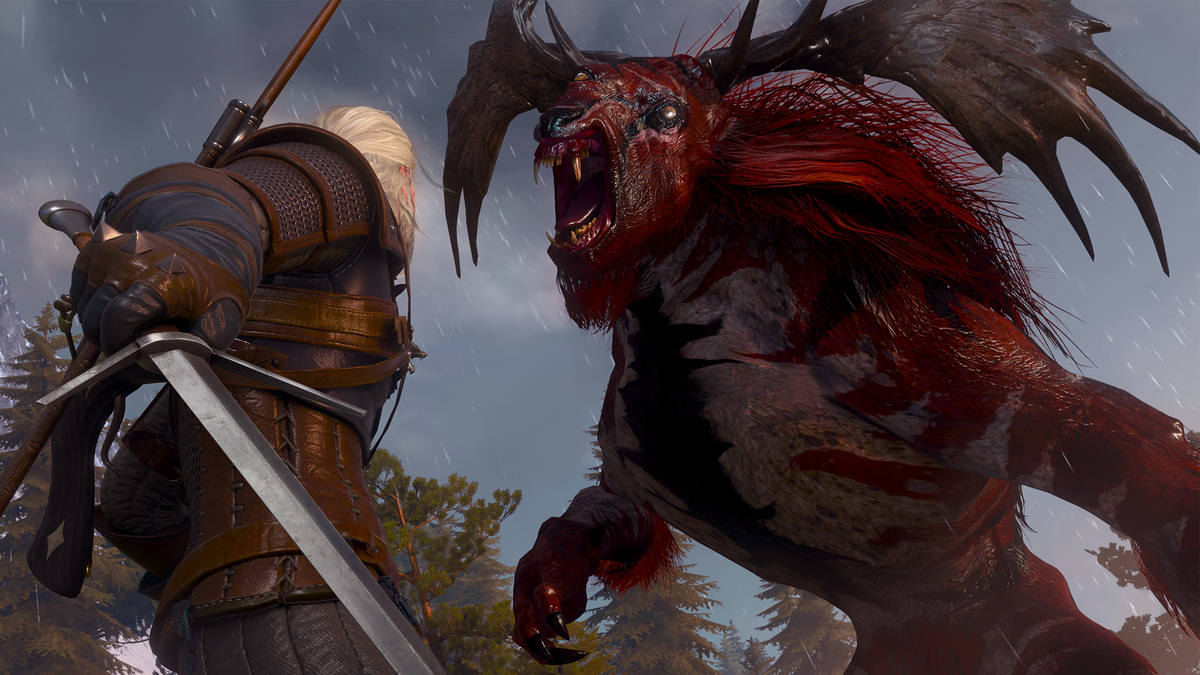 Geralt of Rivia squares off against a minotaur-like monster in The Witcher 3: Wild Hunt’s next-gen upgrade on PS5