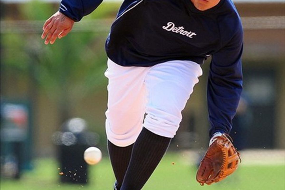 Feb 21, 2012; Lakeland, FL, USA; Detroit Tigers third baseman Miguel Cabrera during spring training at Joker Merchant Stadium. Mandatory Credit: Andrew Weber-US PRESSWIRE