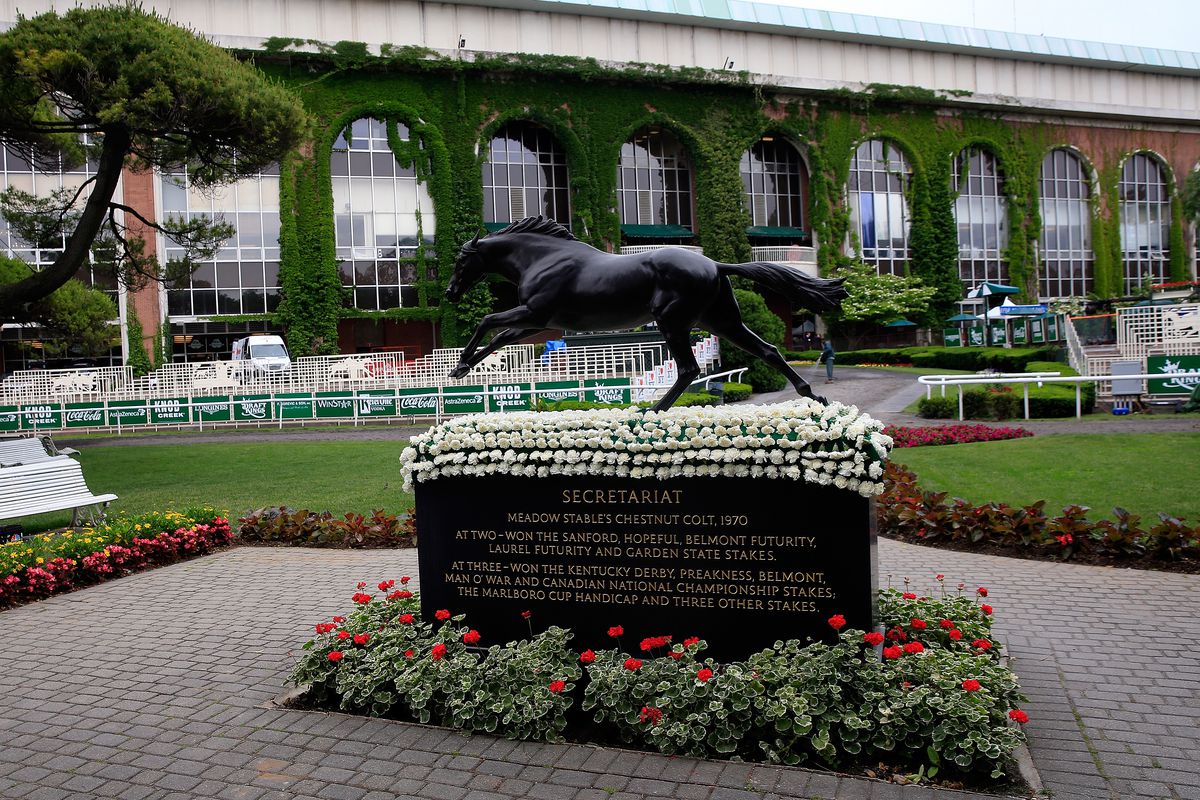 A statue honoring triple crown winner Secretariat is seen in the paddock during workouts prior to the 147th Belmont Stakes at Belmont Park on June 5, 2015 in Elmont, New York.