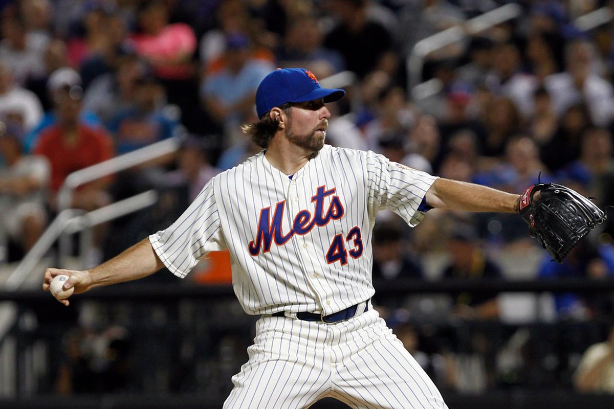 June 24, 2012; Flushing, NY, USA; New York Mets starting pitcher R.A. Dickey (43) pitches against the New York Yankees during the fourth inning against the New York Yankees at Citi Field. Mandatory Credit: Debby Wong-US PRESSWIRE