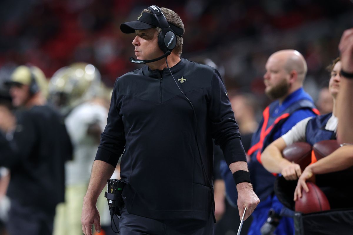 Head coach Sean Payton of the New Orleans Saints looks on during the second quarter in the game against the Atlanta Falcons at Mercedes-Benz Stadium on January 09, 2022 in Atlanta, Georgia.