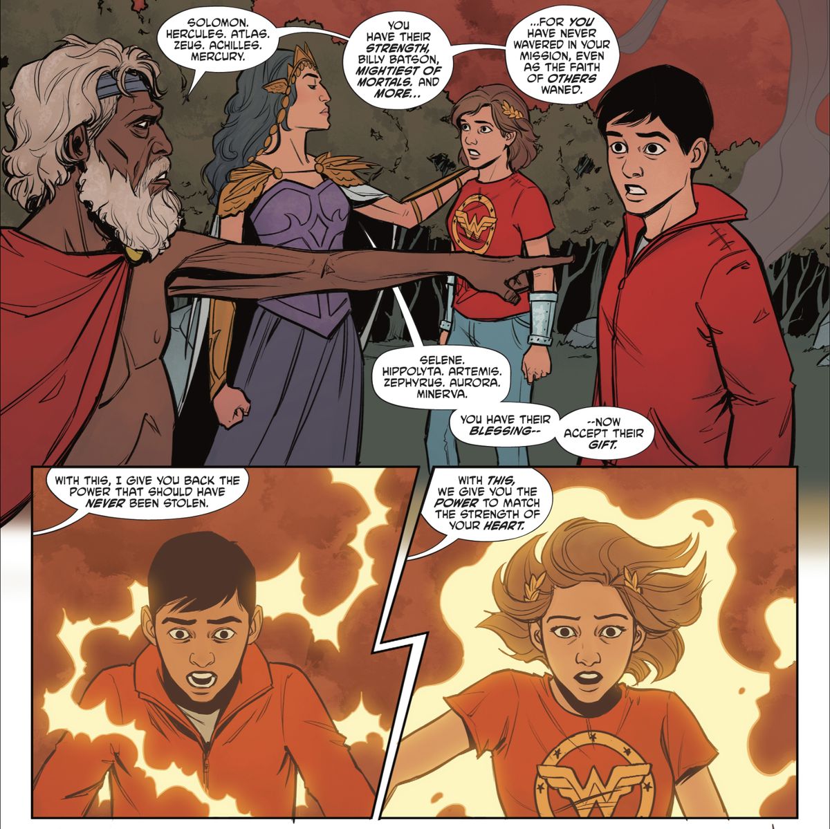 The wizard Shazam re-endows Billy with the powers of Solomon, Hercules, Atlas, Zeus, Achilles, and Mercury; as the goddess Hippolyta of the Amazons endows his sister Mary with the powers of Selene, Hippolyta, Artemis, Zephyrus, Auroro, and Minerva. Each of the kids crackles with yellow lightning energy in Lazarus Planet #4: Revenge of the Gods (2023).