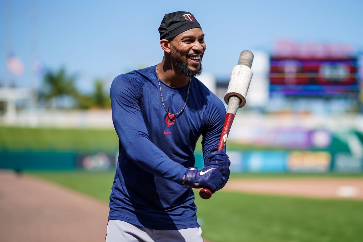 Byron Buxton #25 of the Minnesota Twins looks on during a team workout on February 23, 2021 at the Hammond Stadium in Fort Myers, Florida.