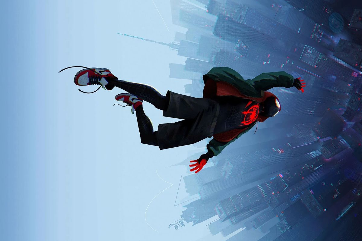 A shot of Miles Morales as Spider-Man, falling through the air