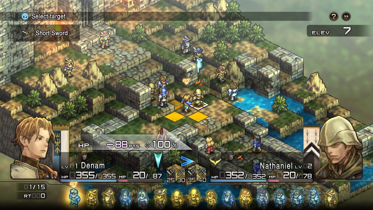 An isometric combat map from Tactics Ogre Reborn with multiple units visible, large character portraits left and right,  and a row of many units along the bottom