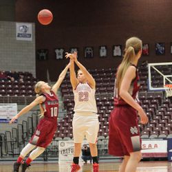 Shaylee McDonald puts up a 3-pointer during Kanab's 56-51 victory in the 2A semifinals over N. Sevier Friday.