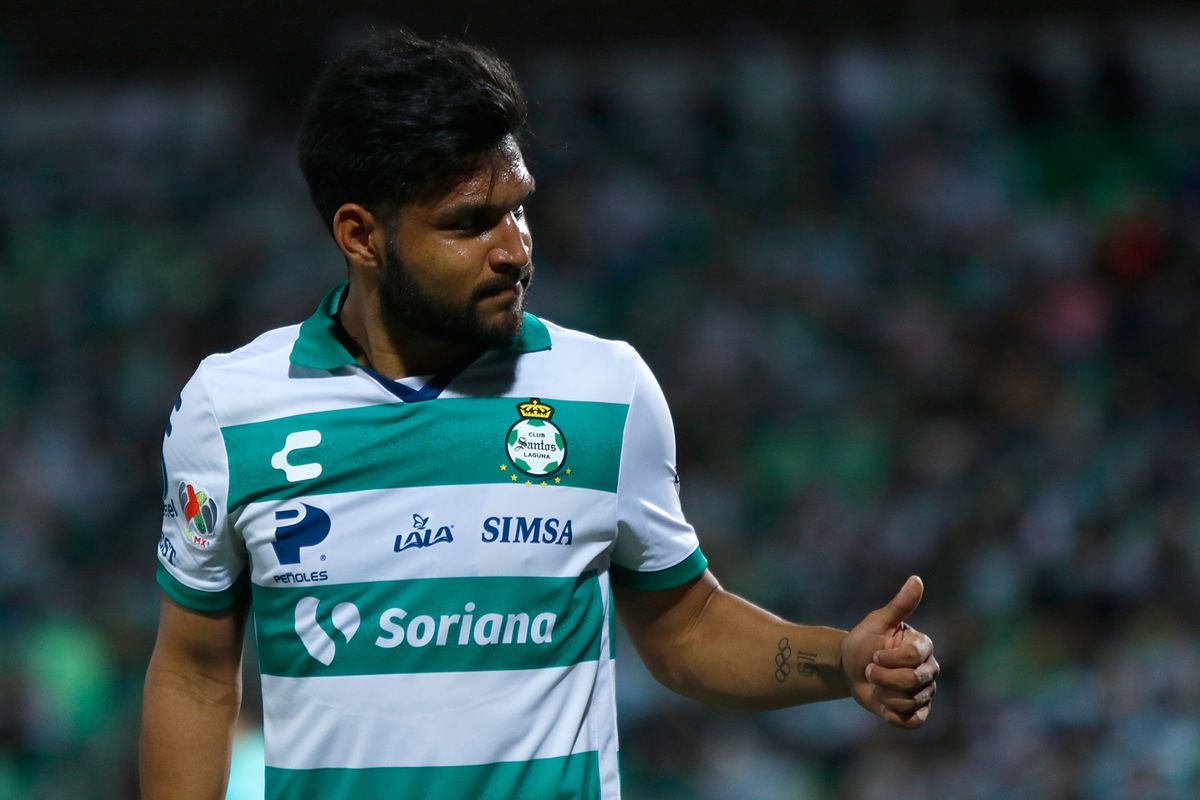 Eduardo Aguirre of Santos gestures during the 12th round match between Santos Laguna and Pachuca as part of the Torneo Grita Mexico C22 Liga MX at Corona Stadium on April 3, 2022 in Torreon, Mexico.