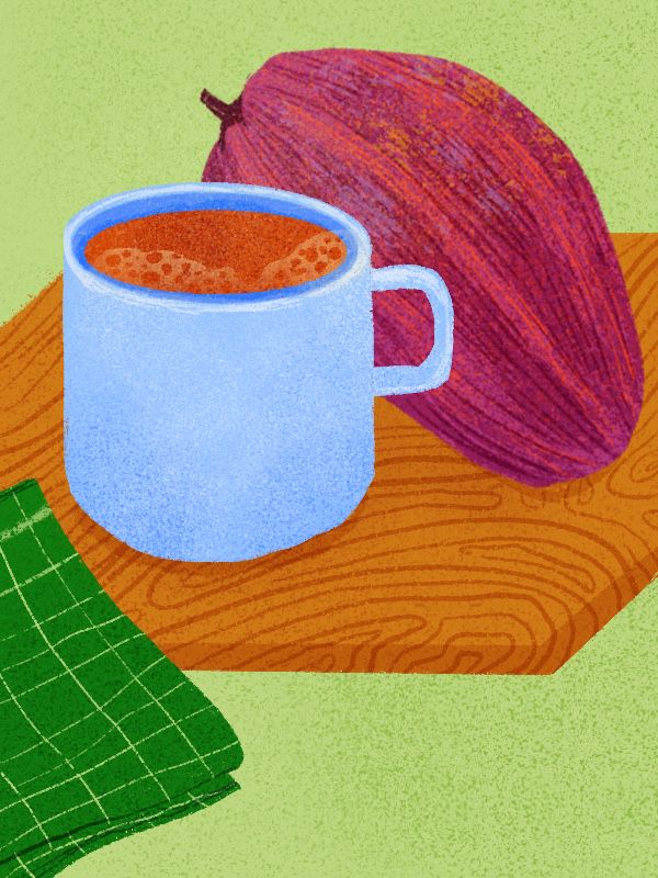 A cacao pod sits on a cutting board with a mug of hot chocolate. Illustration.