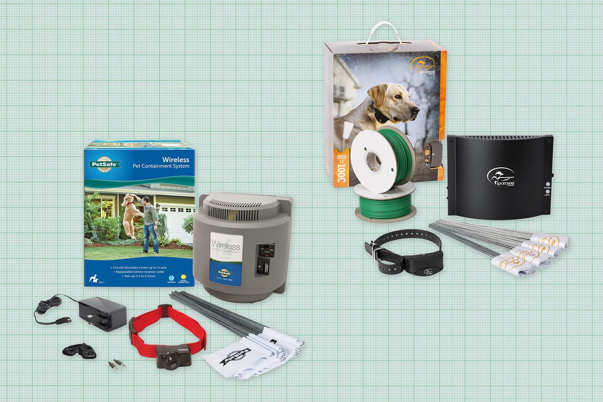PetSafe Wireless Pet Containment System and SportDOG Brand In-Ground Fence System isolated on a green graph paper background