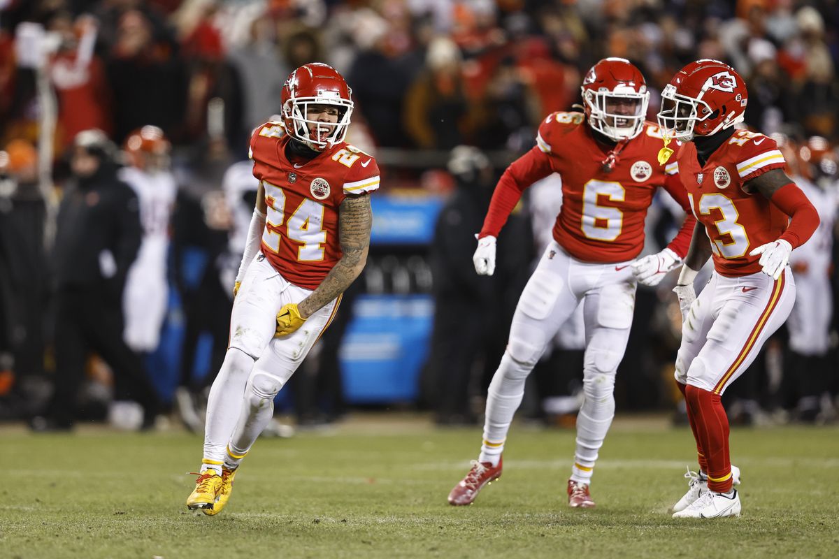 Skyy Moore #24 of the Kansas City Chiefs reacts as he celebrates a pass during the AFC Championship NFL football game between the Kansas City Chiefs and the Cincinnati Bengals at GEHA Field at Arrowhead Stadium on January 29, 2023 in Kansas City, Missouri.