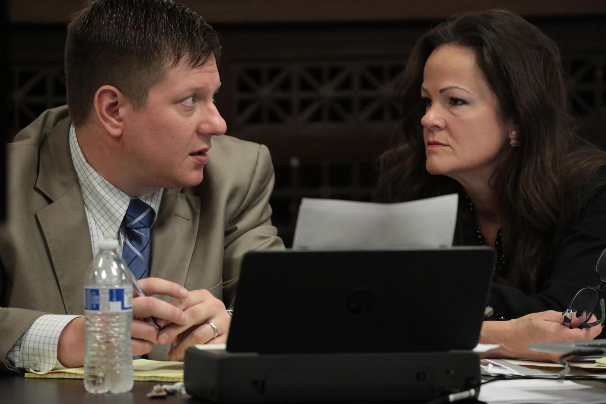 Former Chicago Police Officer Jason Van Dyke talks with his attorney Tammy Wendt during the sixth day of Van Dyke’s trial for the shooting death of Laquan McDonald in 2018. 