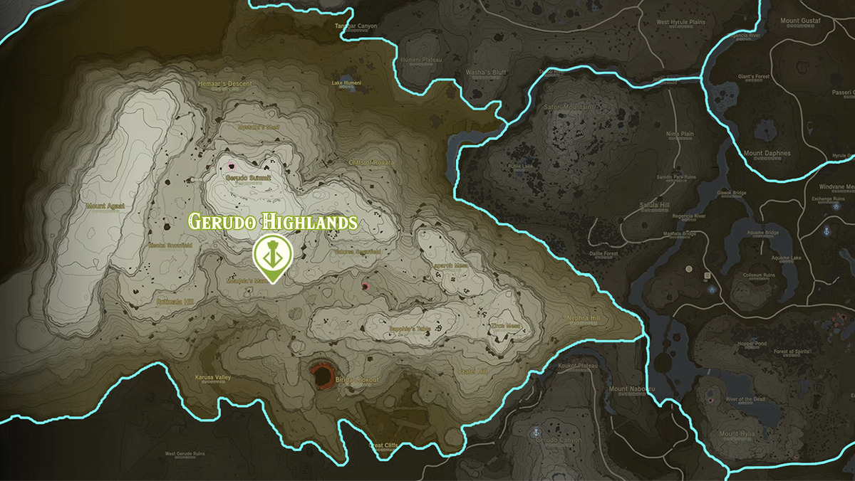 Zelda: Tears of the Kingdom map of the Gerudo Highlands region with shrine locations marked