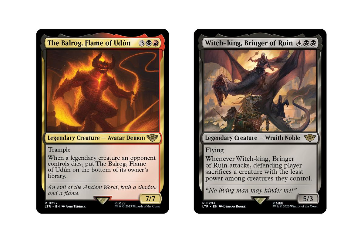 An image showing the Balrog, Flame of Udun, and Witch-king, Bringer of Ruin cards side-by-side. These Magic: the Gathering cards are from the Tales of Middle-earth set.