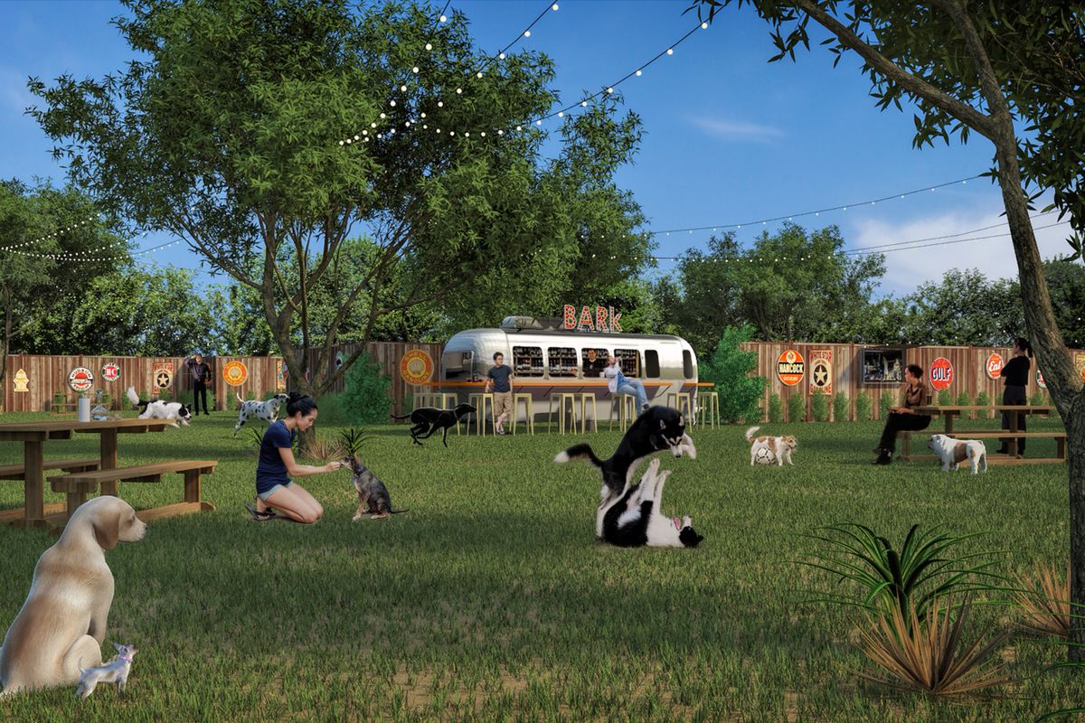 A silver airstream sits among a field full of dogs.