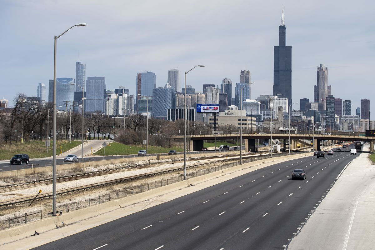 The Chicago skyline, viewed from the inbound Eisenhower Expressway.