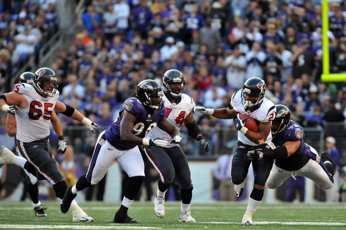 BALTIMORE - OCTOBER 16:  Arian Foster #23 of the Houston Texans runs the ball against the Baltimore Ravens at M&T Bank Stadium on October 16. 2011 in Baltimore, Maryland. The Ravens defeated the Texans 29-14. (Photo by Larry French/Getty Images)