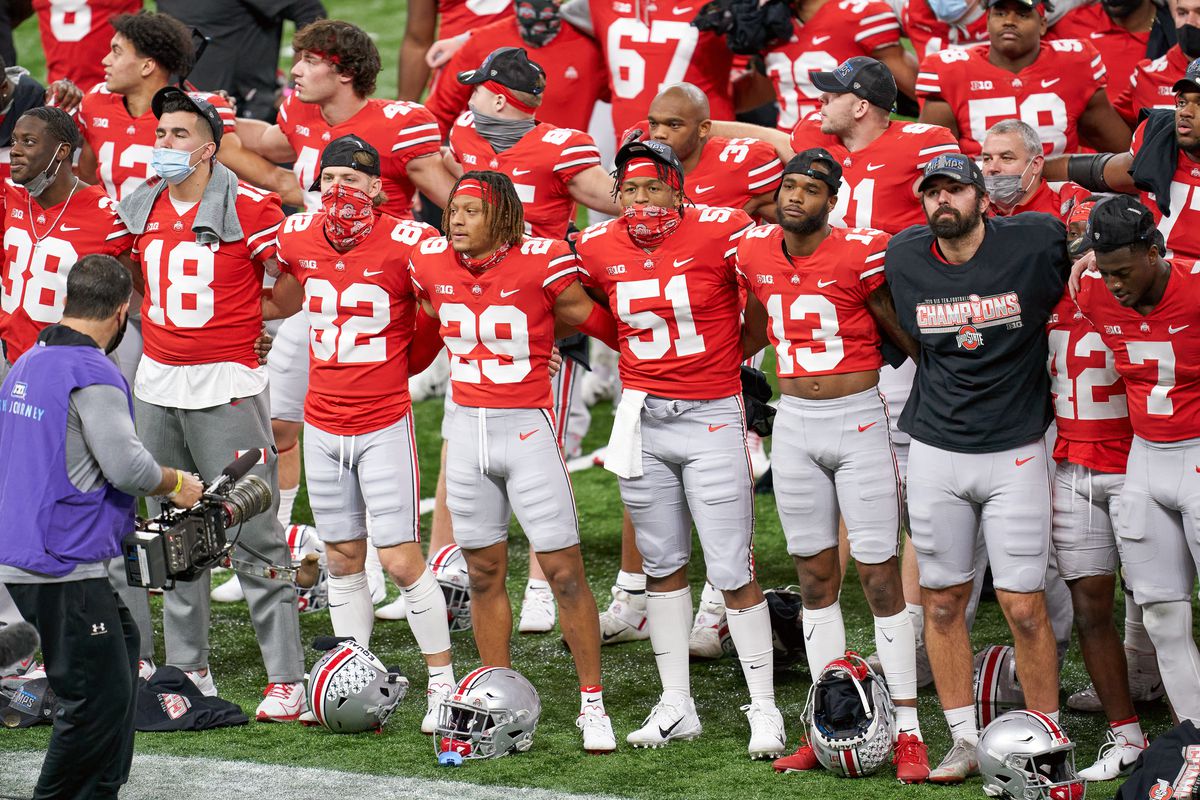 &nbsp;The Ohio State Buckeyes celebrate after the 22-10 win over the Northwestern Wildcats in the Big Ten Championship at Lucas Oil Stadium on December 19, 2020 in Indianapolis, IN.