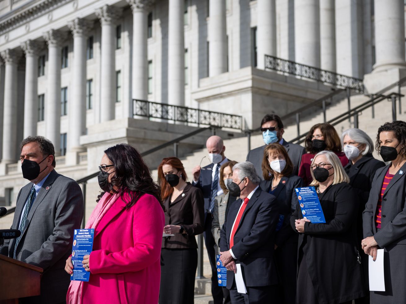 House Minority Leader Brian King, D-Salt Lake City, and Senate Minority Whip Luz Escamilla, D-Salt Lake City, are flanked by members of their party during a press conference outlining the Democrats’ legislative priorities for the year at the Capitol.