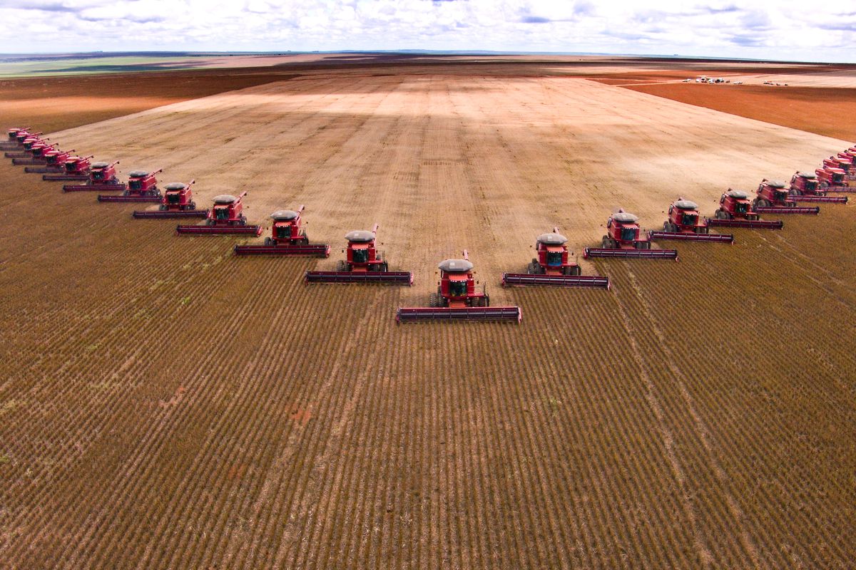 Two dozen tractors drive in a triangular pattern across a huge field.