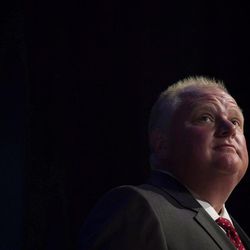 FILE - In this July 15, 2014 file photo, Mayor Rob Ford pauses while participating in a mayoral debate in Toronto. Ford, whose career crashed in a drug-driven, obscenity-laced debacle, died Tuesday, March 22, 2016 after fighting cancer, his family says. He was 46.