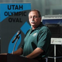 Jeff Perry, Oquirrh Recreation and Parks district chairman, speaks as a Utah Olympic Oval solar project is announced in Kearns, Monday, July 21, 2014.