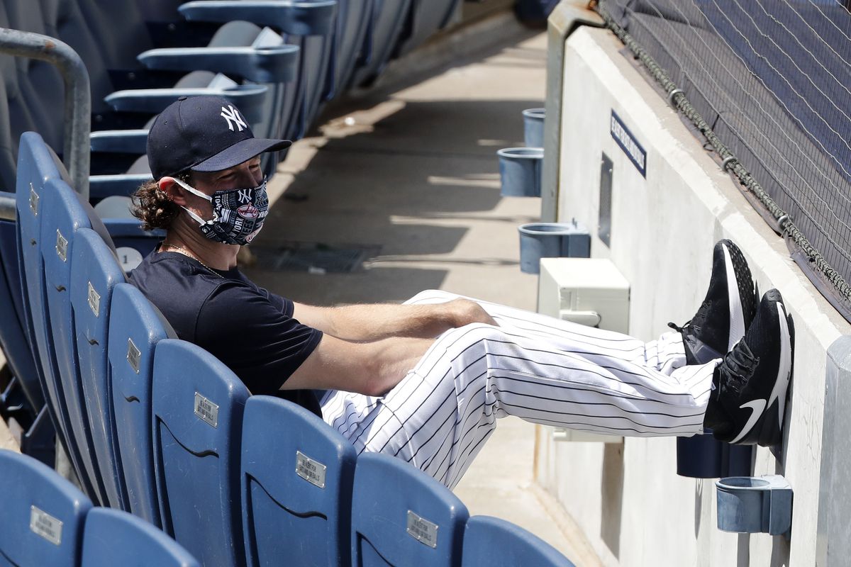 Gerrit Cole of the New York Yankees looks on from the stands during summer workouts at Yankee Stadium on July 05, 2020 in New York City.