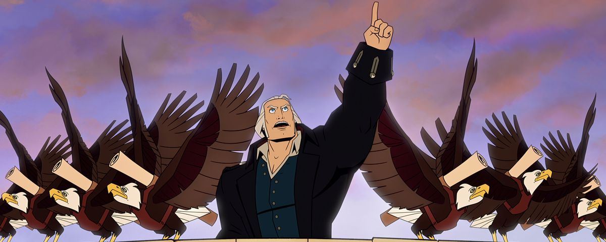 Animated George Washington poses dramatically in front of a phalanx of bald eagles in America: The Motion Picture