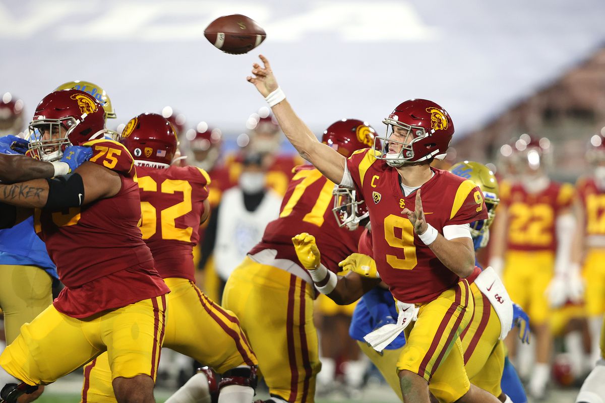 Kedon Slovis of the USC Trojans passes the ball during the first half of a game against the UCLA Bruins at the Rose Bowl on December 12, 2020 in Pasadena, California.