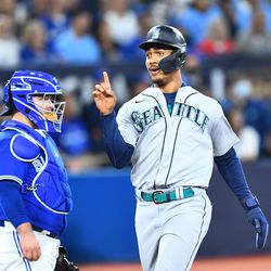 Seattle Mariners Outfield Julio Rodriguez (44) scores a run during the first inning of the MLB baseball postseason Wild Card game 1