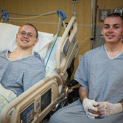 Mason Wells and Joseph Dresden Empey recover from injuries they suffered in the March 22 Brussels airport terrorist attack at the University of Utah Hospital in Salt Lake City.