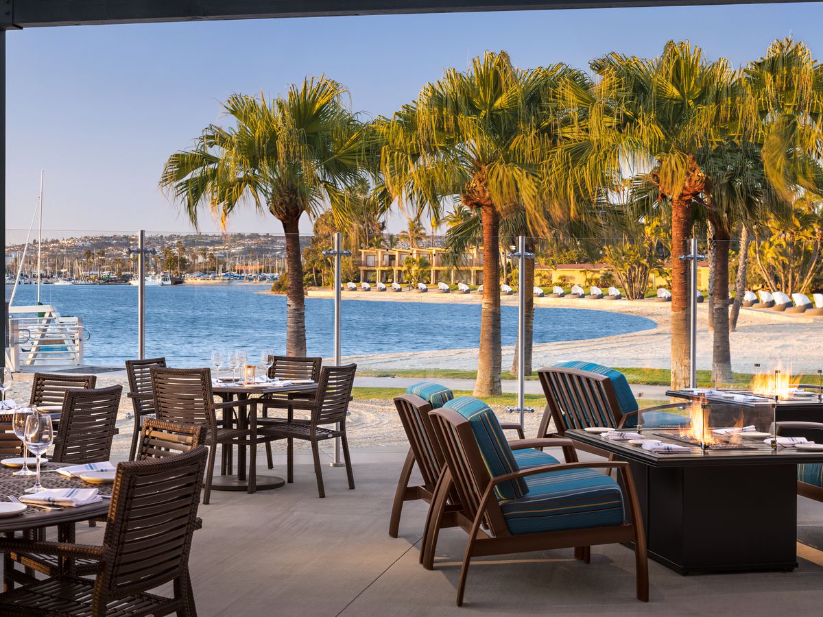 Outdoor dining terrace overlooking Mission Bay.