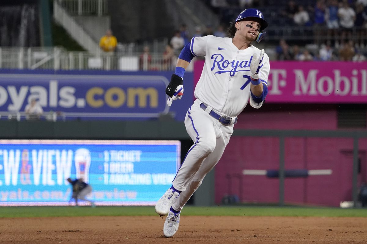 Bobby Witt Jr. #7 of the Kansas City Royals runs the bases as he heads home for an inside-the-park home run in the fifth inning against the Seattle Mariners at Kauffman Stadium on August 14, 2023 in Kansas City, Missouri.