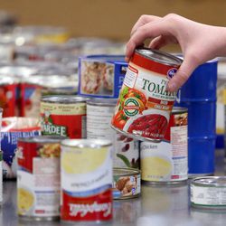 A cast member from Pioneer Theatre Company's “Oliver!” sorts food donations at the Utah Food Bank in Salt Lake City on Monday, Dec. 5, 2016.