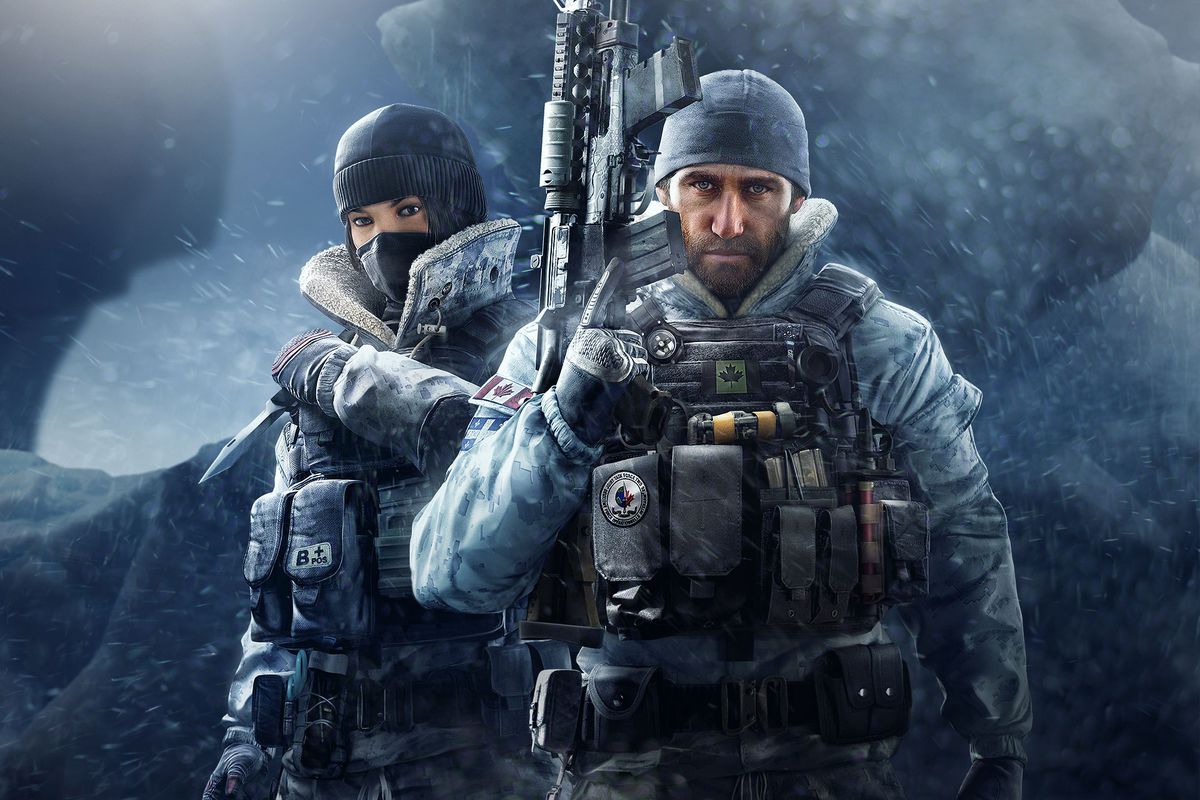 Promotional shot of Operators Frost (in a balaclava) and Buck (bearded, in a beanie, with a big rifle)