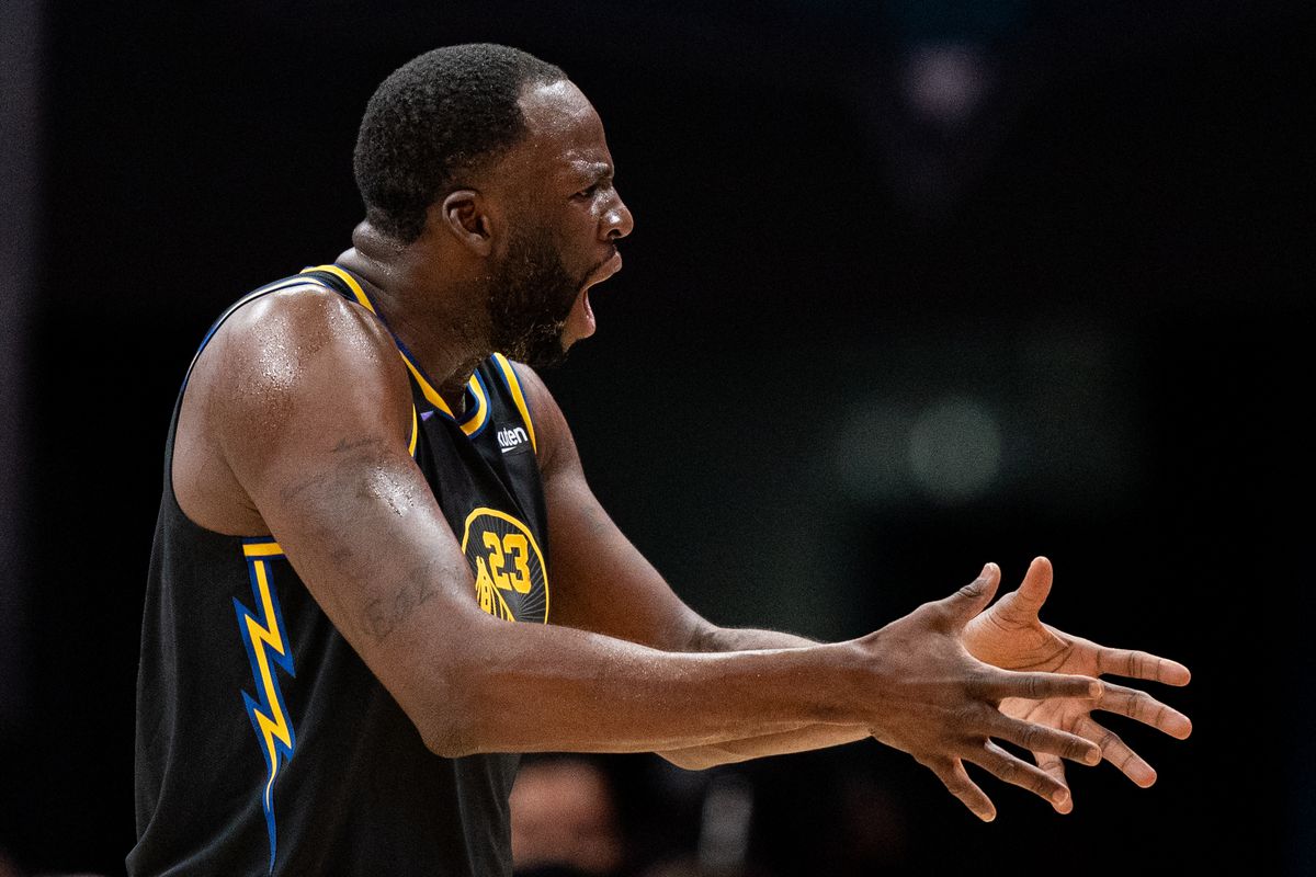 Draymond Green #23 of the Golden State Warriors reacts to a call and gets a technical foul during the first quarter against the Charlotte Hornets during their game at Spectrum Center on November 14, 2021 in Charlotte, North Carolina.