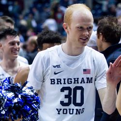 Brigham Young Cougars guard TJ Haws (30) celebrates following the Cougars’ victory in Provo on Thursday, Jan. 30, 2020. BYU defeated the Pepperdine Waves 107-80.
