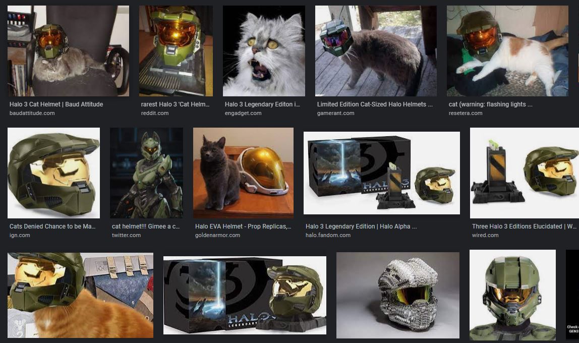 The Google search results for “halo 3 cat helmet” display several cats wearing the helmet from Halo 3 Legendary Edition