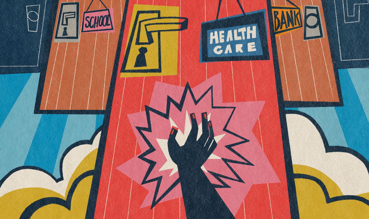A colorful illustration shows a hand knocking on a door with a sign that reads “Health Care.” In the background, signs on others doors read “School” and “Bank.”