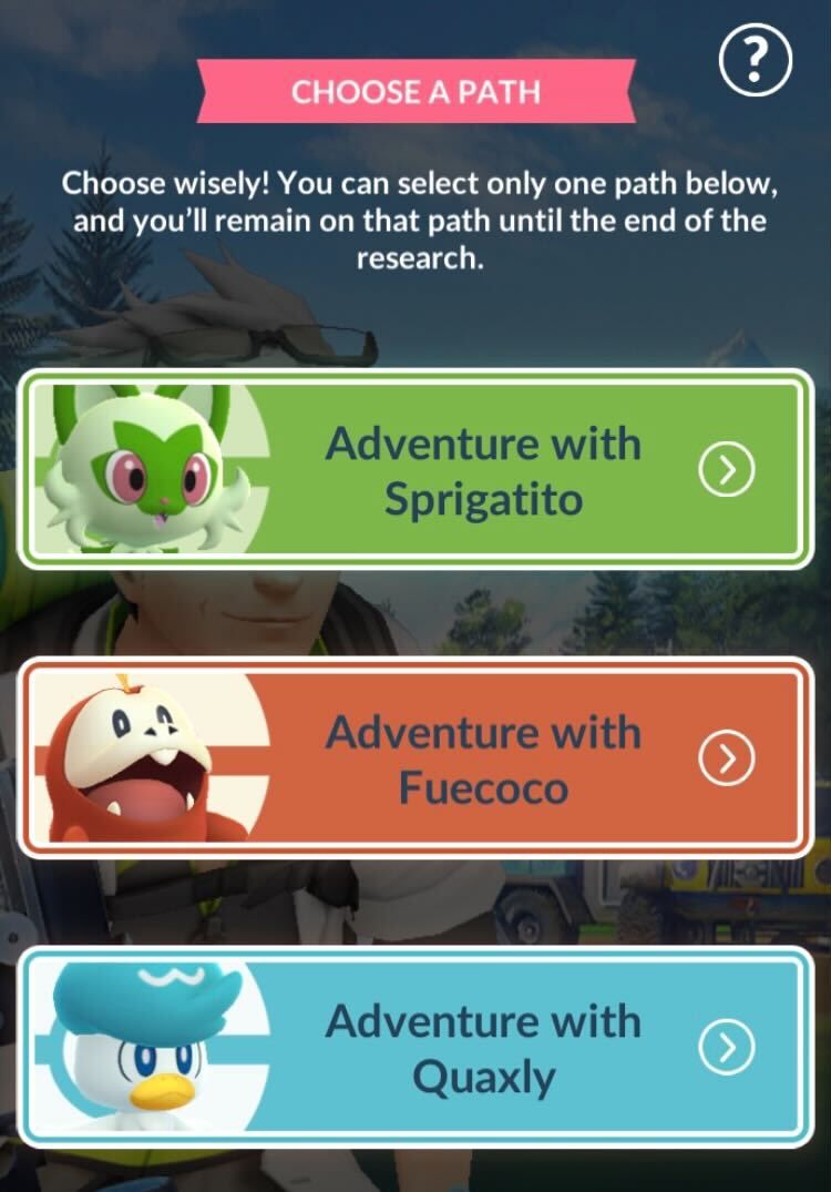 “A Paldean Adventure” choose a path steps in Pokémon Go