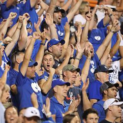 BYU fans cheer as BYU and Tennessee prepare to play a game in Knoxville on Saturday, Sept. 7, 2019. BYU won 29-26 in double overtime.