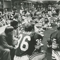 BYU head football coach LaVell Edwards speaks to players during halftime of the Holiday Bowl on Dec. 30, 1978.