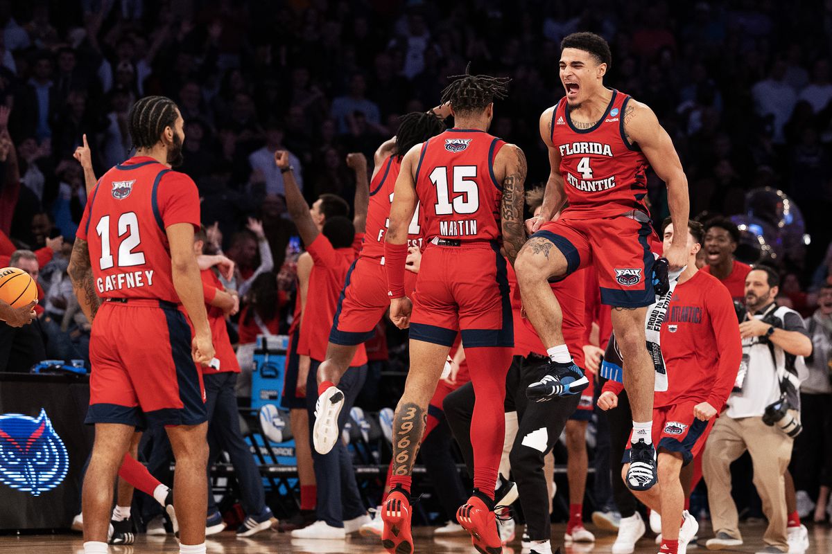 Jalen Gaffney and Bryan Greenlee of the Florida Atlantic Owls celebrate after defeating the Kansas State Wildcats in the Elite Eight round game of the NCAA Men’s Basketball Tournament at Madison Square Garden on March 25, 2023 in New York City.